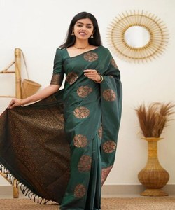 FASHIONABLE SUAVE LICHI SEDA JACQUARD TRABAJO SAREE CON BLUSA SIN COSTURA ROPA FORMAL PRECIO AL POR MAYOR ROPA ÉTNICA VERDE - Product Image 1