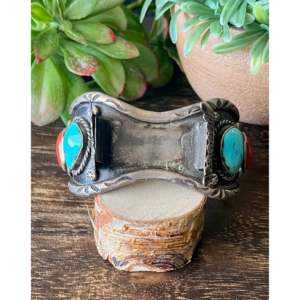 Vintage Navajo Kingman Turquoise & Coral Handmade Sterling <b>Silver</b> Watch <b>Cuff</b> <b>Bracelet</b> - Product Image 1