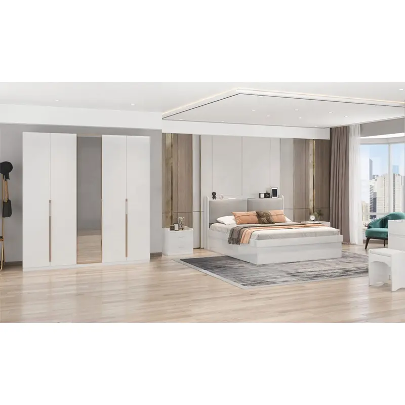 Döşemeli başlık ile ZQ MDF ahşap yatak odası mobilya setleri kraliçe boyutu depolama yatağı tam boy beyaz parlak yatak odası takımı