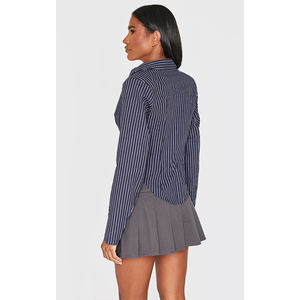 2024 Customizable V-Neckline Navy Striped Plunge Hook and Eye Shirt Modern Design <b>Long</b> Sleeves Party <b>Top</b> at Best Price - Product Image 1