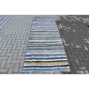 Alfombra de 3.2x9.4 pies, Alfombra Turca Vintage, Alfombra de Lana a Rayas Azul Verde - Product Image 1