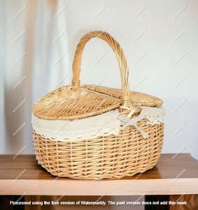 Rattan Picnic <b>Basket</b> Hamper Shopping Vintage <b>Basket</b> <b>with</b> Lid and <b>Handle</b> Camping for Shopping - Product Image 4