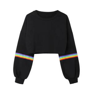 <b>Rainbow</b> Ladies Long Sleeve Striped Short Hooded Sweatshirt Pullover Black Pullover Casual Fashion Top <b>Hoodie</b> - Product Image 1