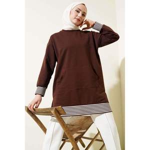 Tunique Rayée Côtelée à Poches Kangourou Marron - Product Image 3