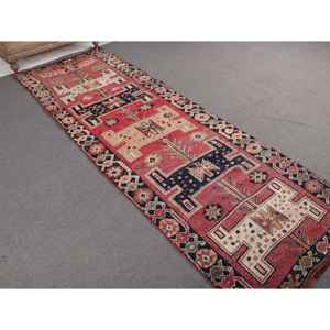 Tapis turc 3,2 x 9,8 pieds, tapis de couloir vintage, tapis à carreaux rouge et bleu - Product Image 1