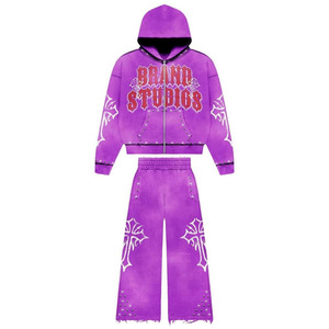 Haute qualité à la mode survêtements hommes brodé Patch pleine fermeture éclair survêtement lavage à l'acide avec sérigraphie pierres survêtement - Product Image 3