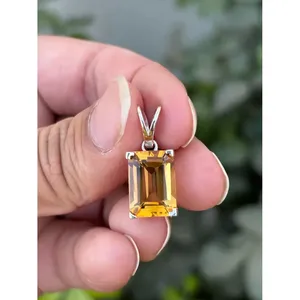 925 Silver <b>Emerald</b> Cut Citrine Necklace with Bezel Setting Diamond Shape Inlay - Product Image 2