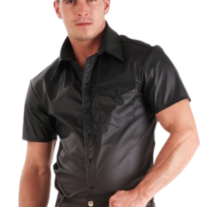 Chemise à manches courtes en similicuir noir pour homme, coupe ajustée, boutonnée, style fétiche, haut de club - Product Image 1