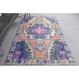 Tapis vintage 4,1x7,5 pieds, tapis turc, tapis en laine à bordures bleues - Product Image 2