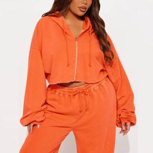 2026 Distressed Zip Hoodie Custom Logo Women's Winter Two-Piece <b>Sweatpants</b> Set 100% Cotton Eco-Friendly Joggers - Product Image 4