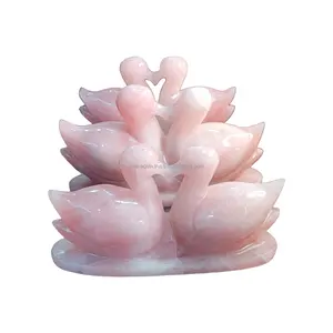 Par de pato de cristal real de qualidade premium esculpido à mão escultura de pássaro quartzo rosa artesanal par de cisne decoração de presente por atacado