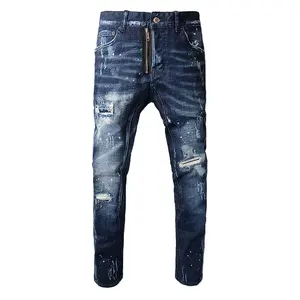 Vêtements de rue personnalisés bleu délavé détruit déchiré Scratch Jeans Homme Slim Fit Skinny Fit Pantalon Hommes