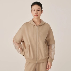 Sweat à capuche zippé avec manches à paillettes transparentes Mélange de coton Streetwear confortable à la mode - Product Image 1