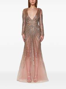Robe de soirée maxi en mousseline de soie nude avec col en V pleine longueur et manches longues pour les fêtes de bal écologique - Product Image 5