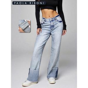 Jean en denim taille haute pour femme Paola Riboni, coupe ample, jambe large, délavage clair, longueur intégrale, style vintage plissé, décontracté - Product Image 1