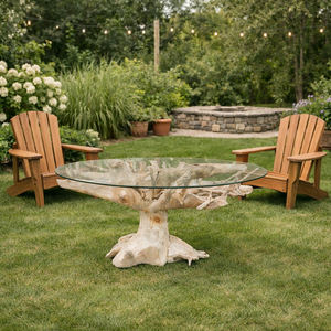 Luxury Eco-Friendly Natural Teak Root Dining <b>Table</b> Tempered Glass <b>Top</b> Handcrafted Reclaimed Solid <b>Wood</b> Base Rustic Modern Design - Product Image 2