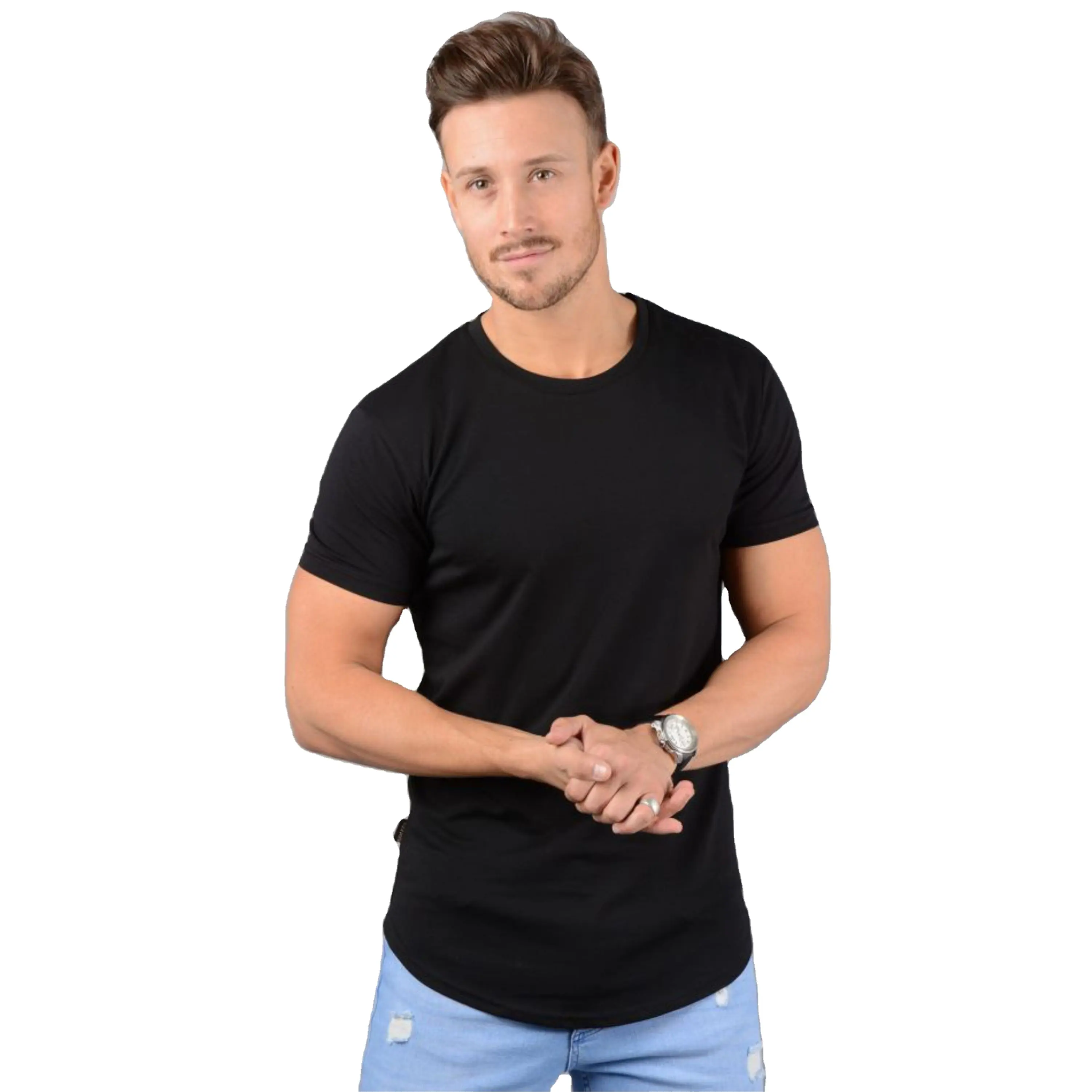 Streetwear Herren Slim Fit Langarm T-Shirt Top OEM Longline T-Shirt mit gebogenem Saum Leicht gewicht 93% Baumwolle 7% Ela stane Gym T-Shirt