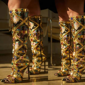 Cuissardes Rétro Florales à Motifs Diamantés pour Femme – Bottes Hautes Sexy à Bout Pointu Style Western Cowboy avec Plateforme Légère pour Hiver et Été - Product Image 5