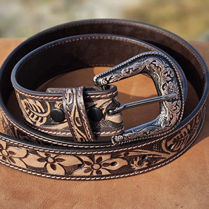 Ceinture en cuir pleine fleur pour hommes sculptée à la main Vintage Floral Design Accessoire de mode de style occidental durable avec alliage pour boucle - Product Image 2