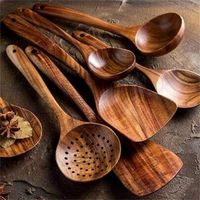 Ensemble d'ustensiles de cuisine durables en bois d'acacia naturel, 6 pièces, compatibles avec les ustensiles antiadhésifs, four/micro-ondes, lave-vaisselle