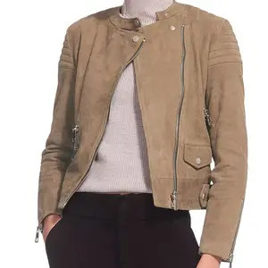 Grosir mantel bolak-balik kerah Lapel lengan panjang dengan manset manset depan Welt Pocket jaket kulit asli Suede untuk wanita