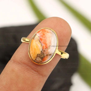 Bague en pierre précieuse turquoise et cuivre pour huître épineuse naturelle 10x14mm de forme ovale en argent sterling 925 plaqué or 18 carats Vermeil d'éternité - Product Image 4