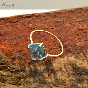 Natural Swiss <b>Blue</b> Topaz Dainty Ring 14k Yellow <b>Gold</b> Gemstone Ring 8mm Checker Cut <b>Cushion</b> Ring Topaz Jewelry At Wholesale Price - Product Image 4