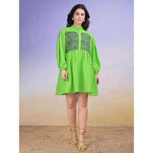 เดรสแขนพองคอวีสีล้วนสำหรับผู้หญิง, เดรสสไตล์ตะวันตกยาวมินิลำลอง - Product Image 5