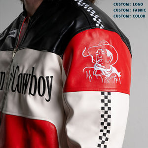 Chaqueta de Cuero Personalizada con Logotipo para Motociclistas, Diseño de Parche Bordado con Texto y Cuello Alto, Cierre de Cremallera, Estilo Speed Racer - Product Image 5