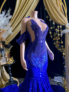 Robe de soirée bleu royal couture faite à la main avec strass cristal appliques élégante maille tissu robe complète naturelle pour le bal d'anniversaire - Product Image 2