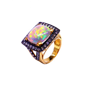 Bague unique en or 14 carats avec opale et pierres précieuses style vintage, tenue de fête tendance, bague en or avec gros diamant - Product Image 1