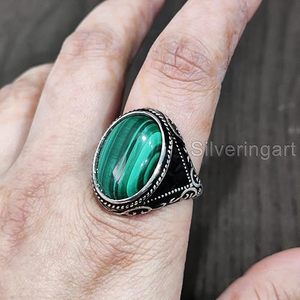 Anillo de Plata de Ley 925 con Malaquita Natural, Piedra de Nacimiento de Mayo, Joyería para Cumpleaños y Navidad, Novedad al por Mayor para Hombre - Product Image 3
