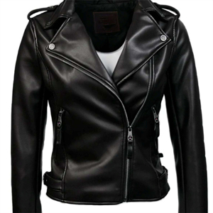 Veste de motard en cuir véritable noir pour femme, col montant, manches longues, fermeture éclair, couleur unie, style moto - Product Image 1
