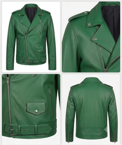 <b>Men's</b> Classic Real <b>Leather</b> Biker <b>Jacket</b> Genuine Cowhide Slim Fit Motorcycle Outerwear Asymmetric Zip Belted Coat Green Color - Product Image 3
