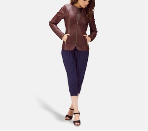Nueva Chaqueta de Cuero Genuino NewSkin Color Borgoña para Mujer, Diseño Tejido Icónico para Otoño e Invierno, Chaqueta de Cuero para Mujer - Product Image 6