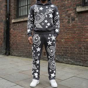 Conjunto Deportivo Urbano para Hombre, Diseño 3D con Lavado Ácido, Estilo Vintage Ecológico, Sudadera con Capucha y Pantalones Jogger con Estampado de Estrella de Ensueño, Color Gris - Product Image 1