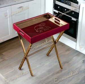 Bamboo Eco-Friendly Cherry Red Butler Tray <b>Table</b> <b>Adjustable</b> Wooden Breakfast Bed Coffee <b>Table</b> Handles Foldable <b>Legs</b> for Bathroom - Product Image 3