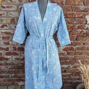 Unisex Hand Block Printed Cotton <b>Kimono</b> Breathable Indian Flower Dressing for <b>Beach</b> Cover Drawstring Robe Closure for Women - Product Image 1