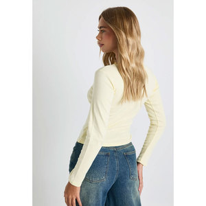 เสื้อยืดคอวีเข้ารูปของผู้หญิงฤดูใบไม้ผลิและฤดูใบไม้ร่วงเสื้อสีพื้นสะท้อนแสงเสื้อแฟชั่นแขนเปิดไหล่ดีไซน์แบบลำลอง - Product Image 5