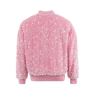 Customizable Girls Stylish Sequin Bomber Jacket Breathable Knitted Autumn Winter Season Ribbon <b>Fabric</b> Collar Solid Pattern Long - Product Image 2