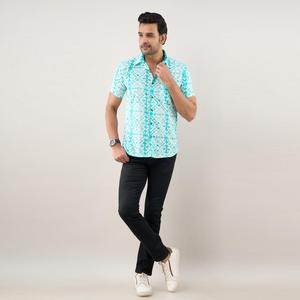 Camisa Casual de Algodón Popelín para Hombre, Tie-Dye Azul Aqua, Corte Regular, Transpirable, para Verano - Product Image 4