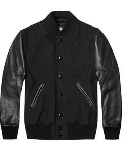 Chaqueta Universitaria para Hombre, Cuerpo Negro, Mangas de Cuero Negro, Cuello Acanalado, Botones a Presión, Estilo Bomber Clásico - Product Image 1