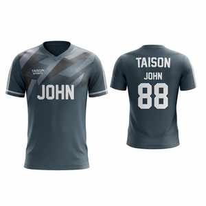 เสื้อแบดมินตันชาย 180 GSM ผ้าโพลีเอสเตอร์อินเตอร์ล็อค ระบายความชื้น สีเทาเข้ม แผงไหล่พิมพ์ลายโลโก้ทีมและชื่อทีมตามสั่ง - Product Image 1
