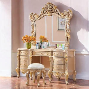 Table de toilette en bois massif de style européen de luxe, miroir, tabouret, fabrication artisanale, style moderne du milieu du siècle, coiffeuse, salon - Product Image 4
