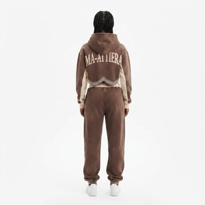 Conjunto de sudadera con capucha para mujer, pantalones deportivos de pierna ancha, chándal marrón, chándal de algodón con efecto lavado ácido, sudadera con capucha corta, conjunto de ropa urbana oversize - Product Image 2