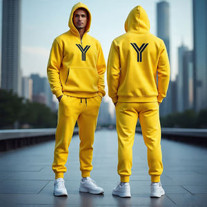 Sweat-shirt à capuche zippé et pantalon évasé 100% coton molletonné pour hommes 3/4 Ensemble de survêtement respirant avec logo sur le devant et l'arrière Couleur unie 1/4 - Product Image 6