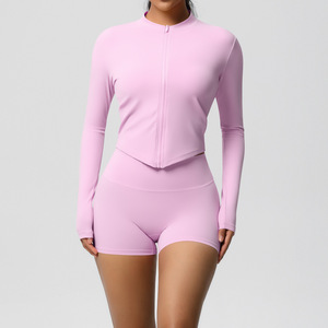 Women Yoga Set <b>Zip</b> <b>Up</b> Long Sleeve Jacket and High Waist Shorts Two Piece Fitness Activewear - Product Image 1