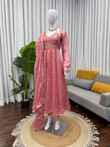 Traje ANARKALI con Dupatta de Seda Fandy, Bordado con Lentejuelas, Estilo Vintage, Holgado, Largo hasta el Suelo, para Fiesta, Color Sólido Natural - Product Image 6
