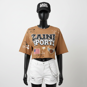 T-shirt court pour femme en jersey de coton de qualité 200 GSM, toucher doux, couleur marron avec logo imprimé en sérigraphie effet craquelé, chemise pour femme - Product Image 6