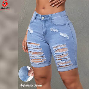 Shorts en jean pour femmes avec logo personnalisé, design d'été, denim pur en coton, délavé, style streetwear, shorts en jean - Product Image 2